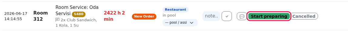 Start preparing button on a room service row