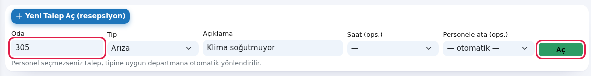 Yeni Talep Aç formu doldurulmuş, Aç düğmesi