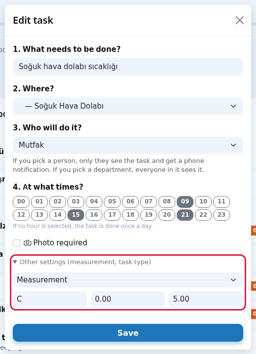 Other settings: task type, unit, min, max