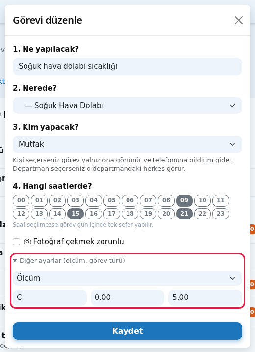 Diğer ayarlar: görev türü, birim, min, max