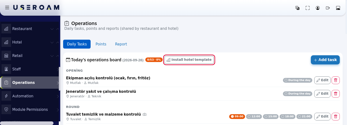 Hotel template button on the Operations screen