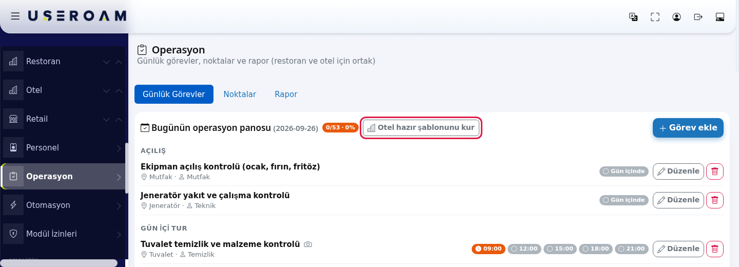 Otel hazır şablonunu kur düğmesi