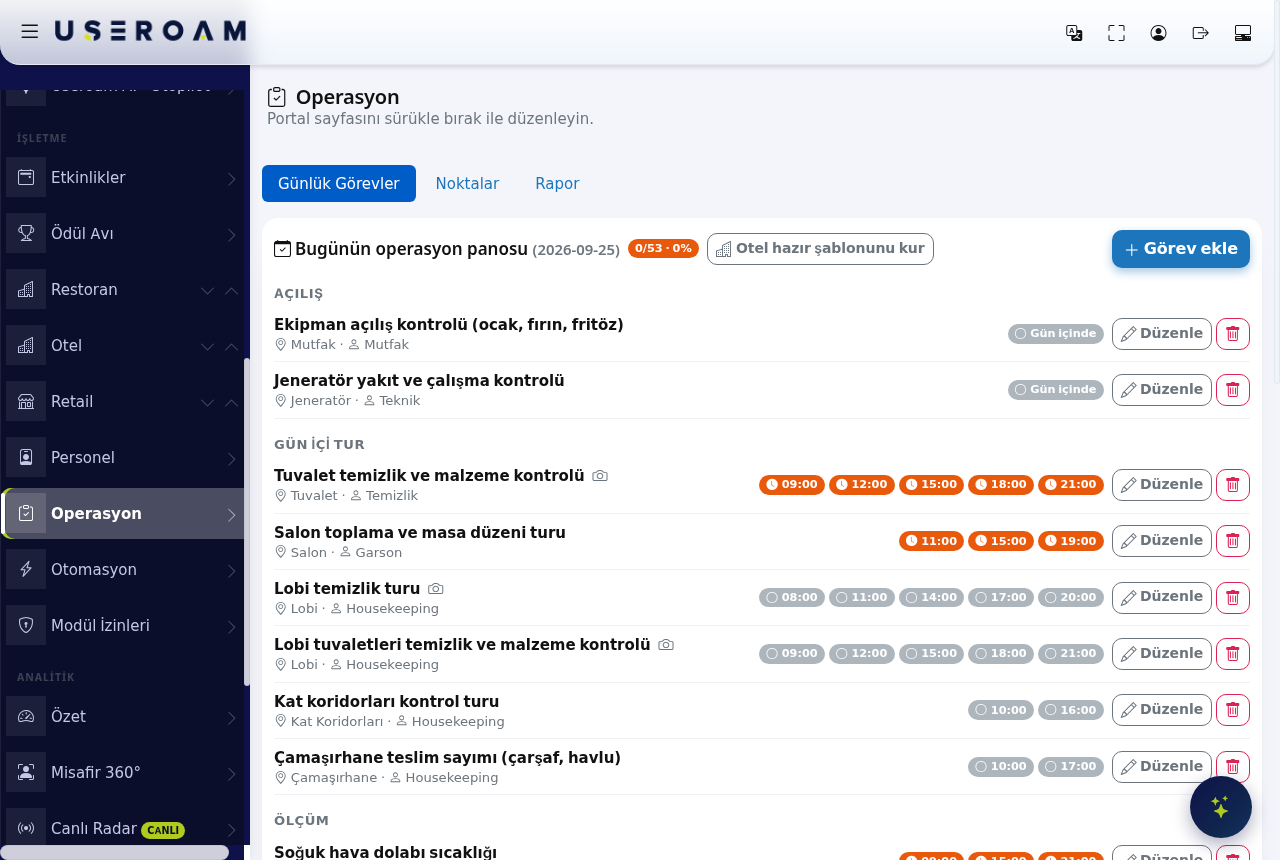 Operations screen, Daily Tasks tab
