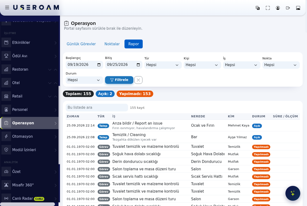 Operations screen, Report tab