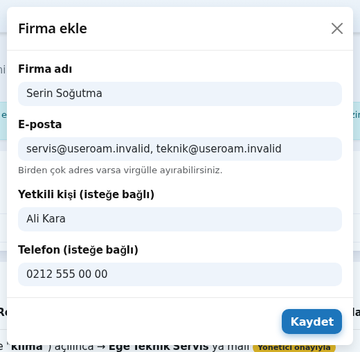 Firma ekle penceresi