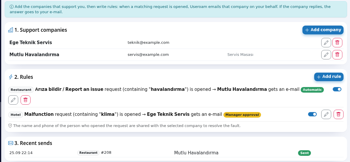Automation screen: companies, rules, recent sends