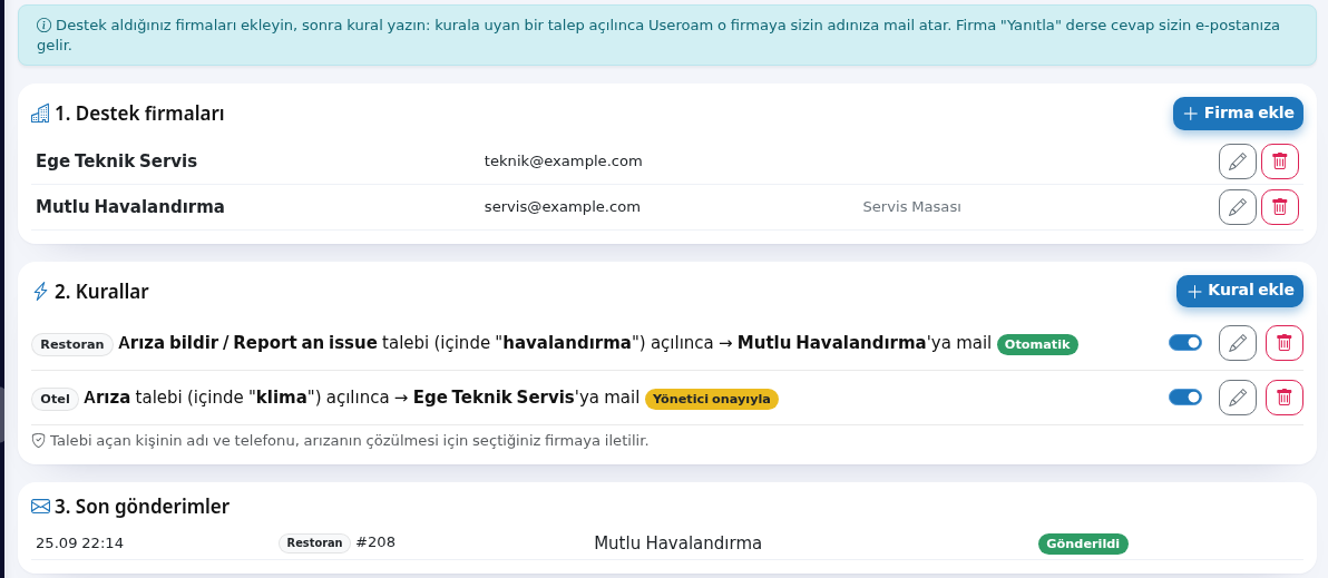 Otomasyon ekranı: firmalar, kurallar, son gönderimler