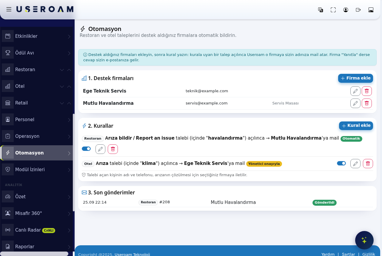 Automation screen: service companies, rules and recent sends