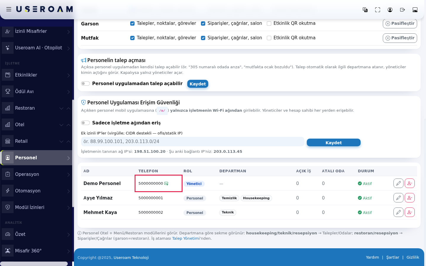 Personel listesinde telefonun yanında yeşil zarf simgesi
