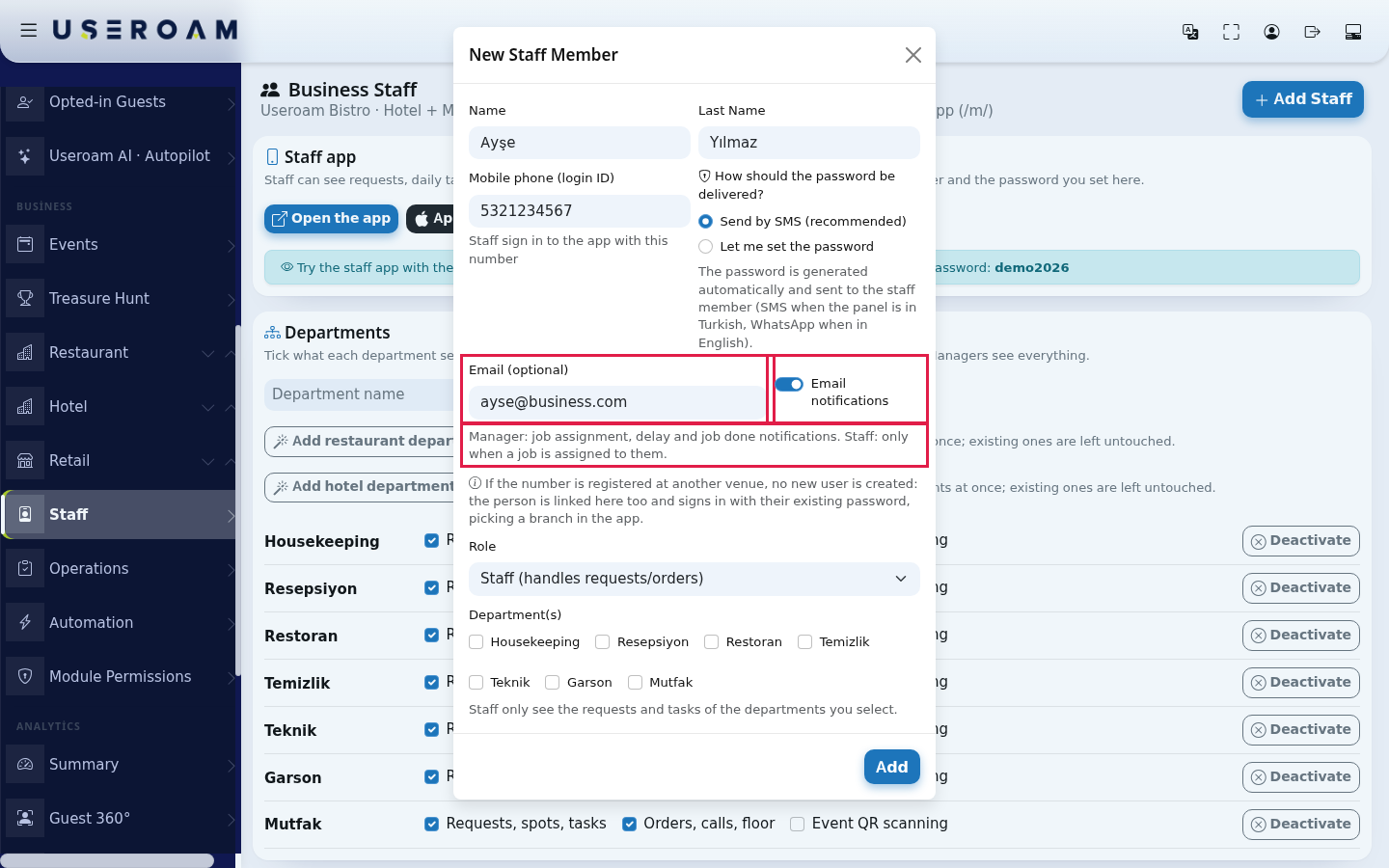 Email (optional) box and Email notifications switch in the New Staff Member window