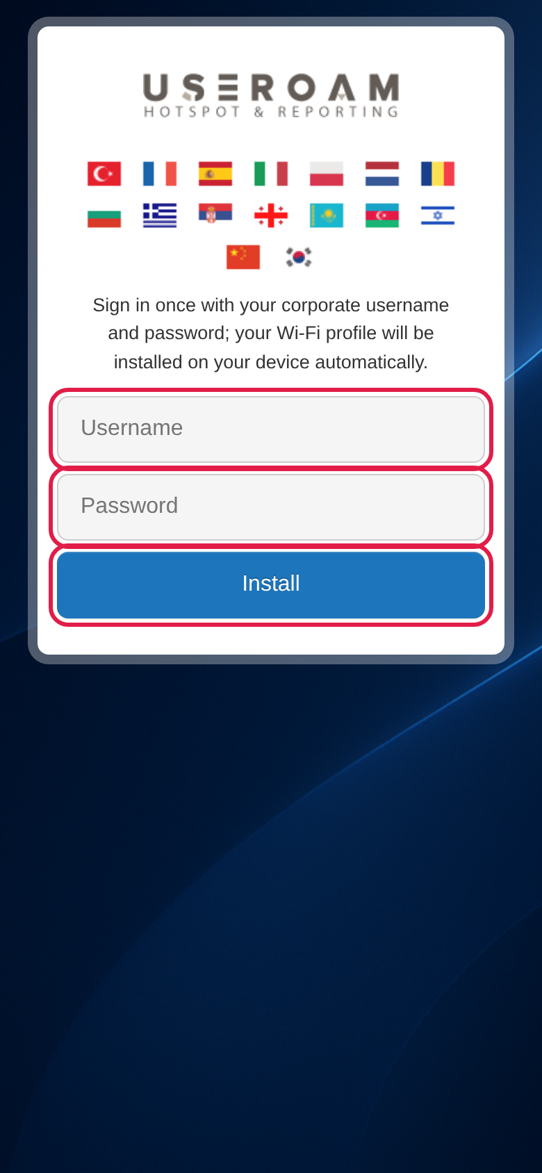 Setup page: Username, Password and Install