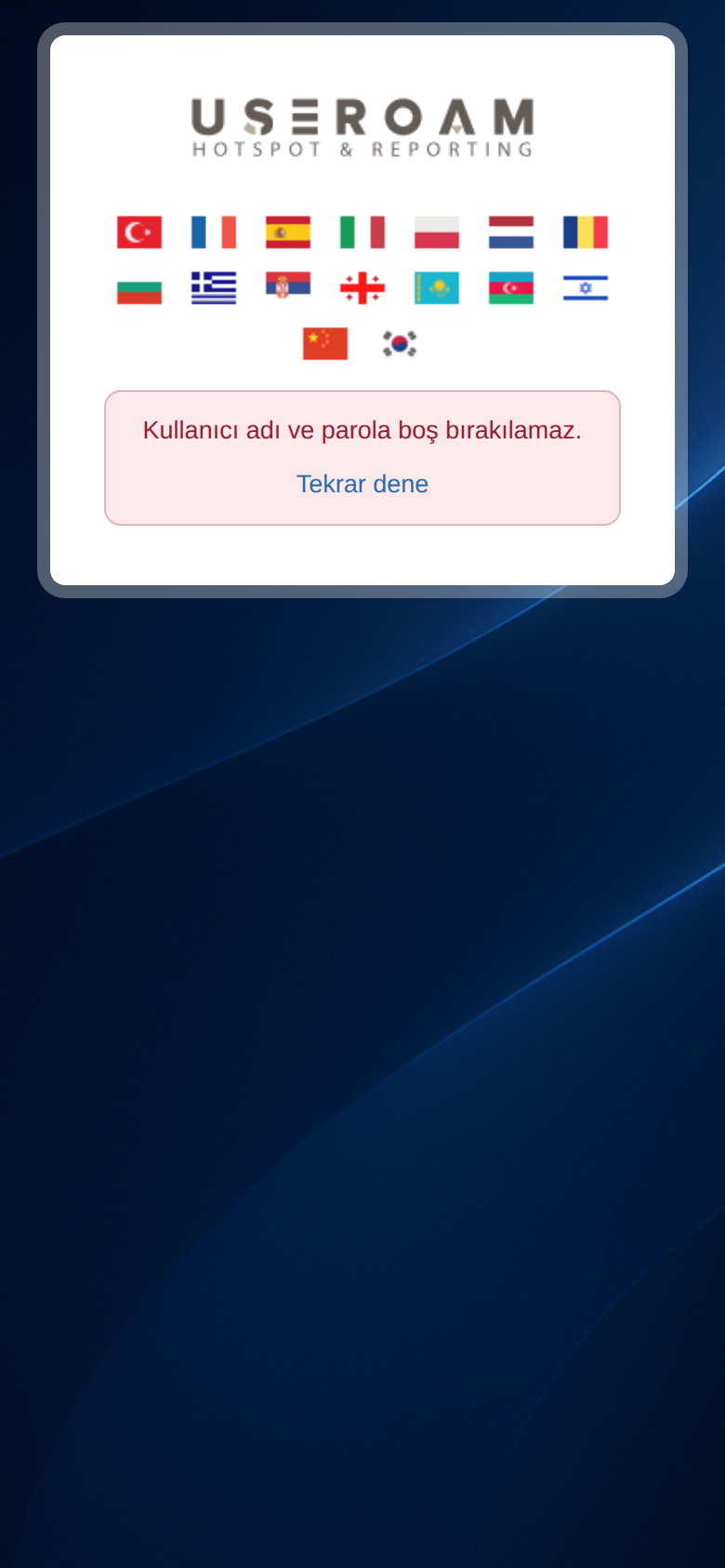 Kullanıcı adı ve parola boş bırakılamaz