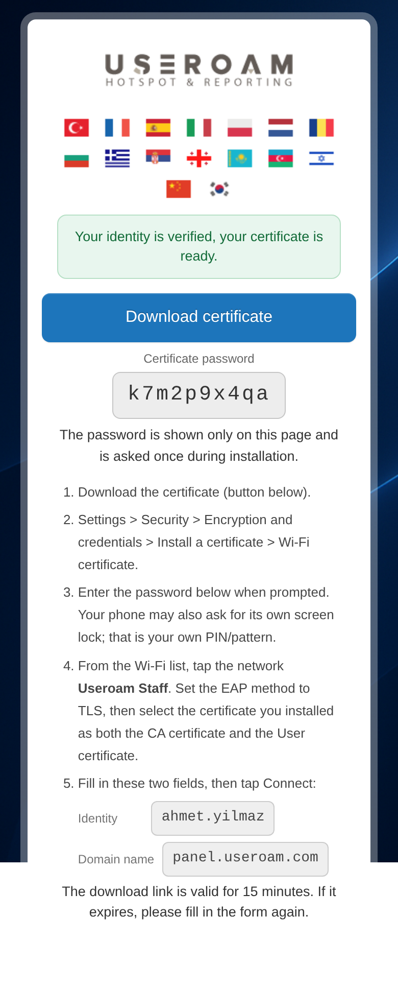 Android result screen: Download certificate, certificate password, steps, Identity and Domain name