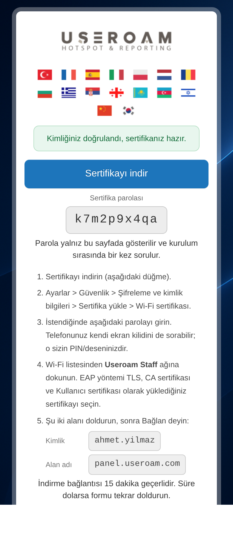 Android sonuç ekranı: Sertifikayı indir, sertifika parolası, adımlar, Kimlik ve Alan adı