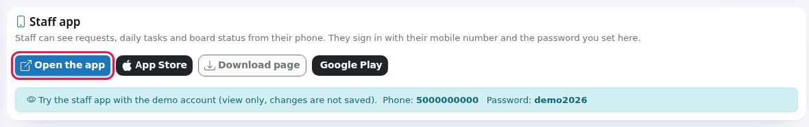 Staff app card and download links