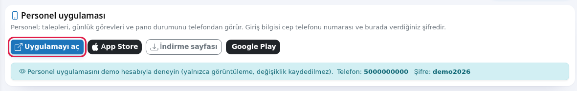 Personel uygulaması kartı ve indirme bağlantıları