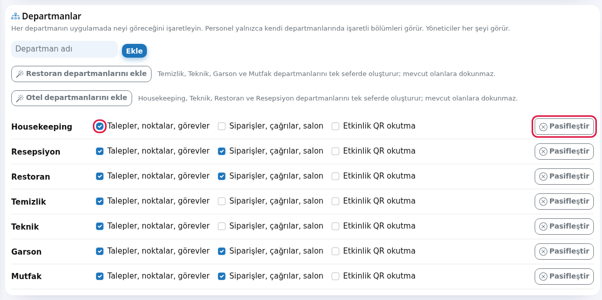 Departman satırındaki üç kutu ve Pasifleştir düğmesi
