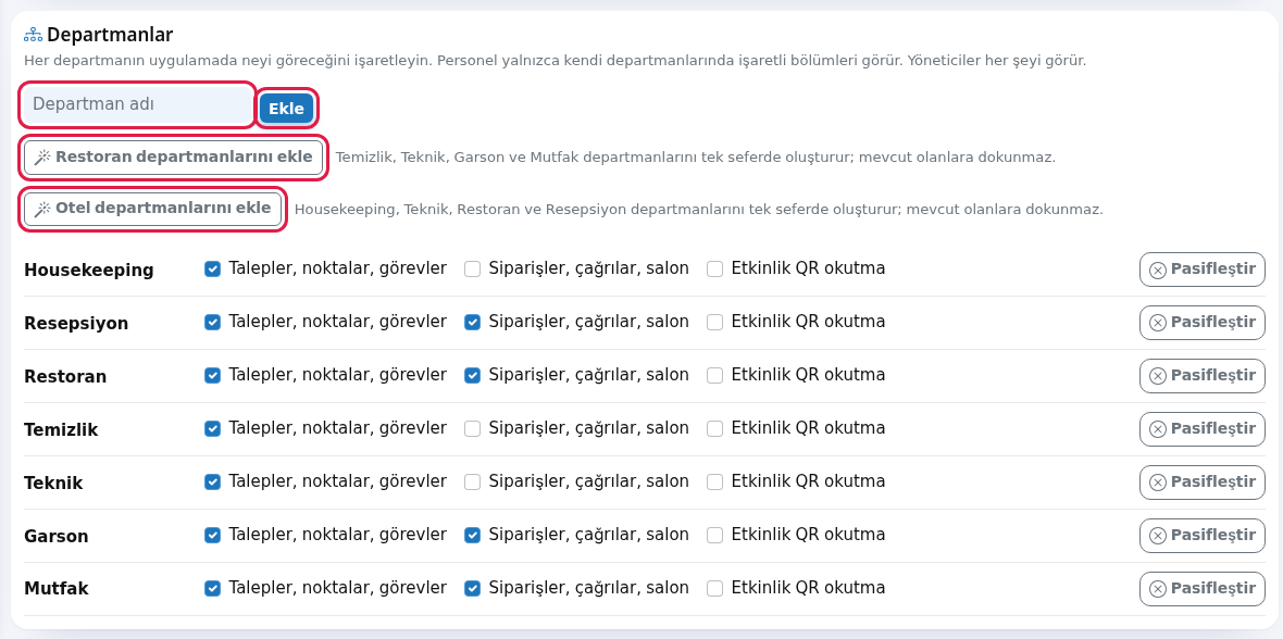 Departman ekleme kutusu ve hazır departman düğmeleri