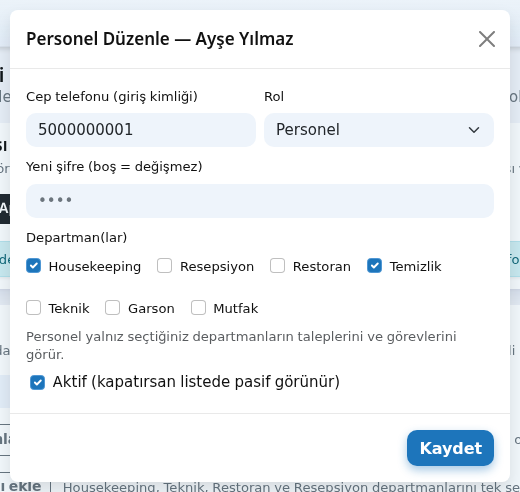 Personel Düzenle penceresi