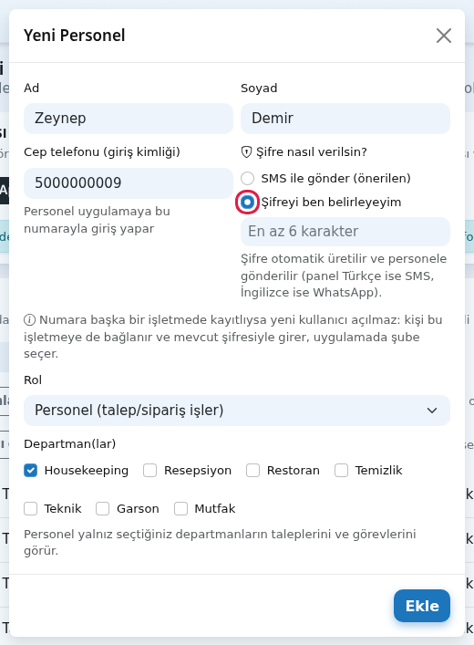 Şifreyi ben belirleyeyim seçeneği