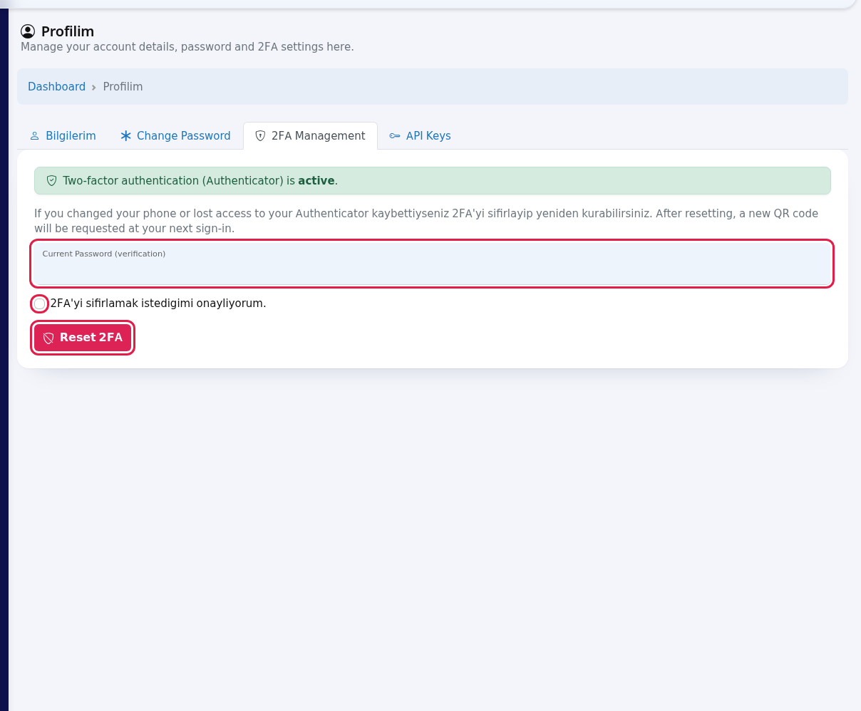 2FA Management tab