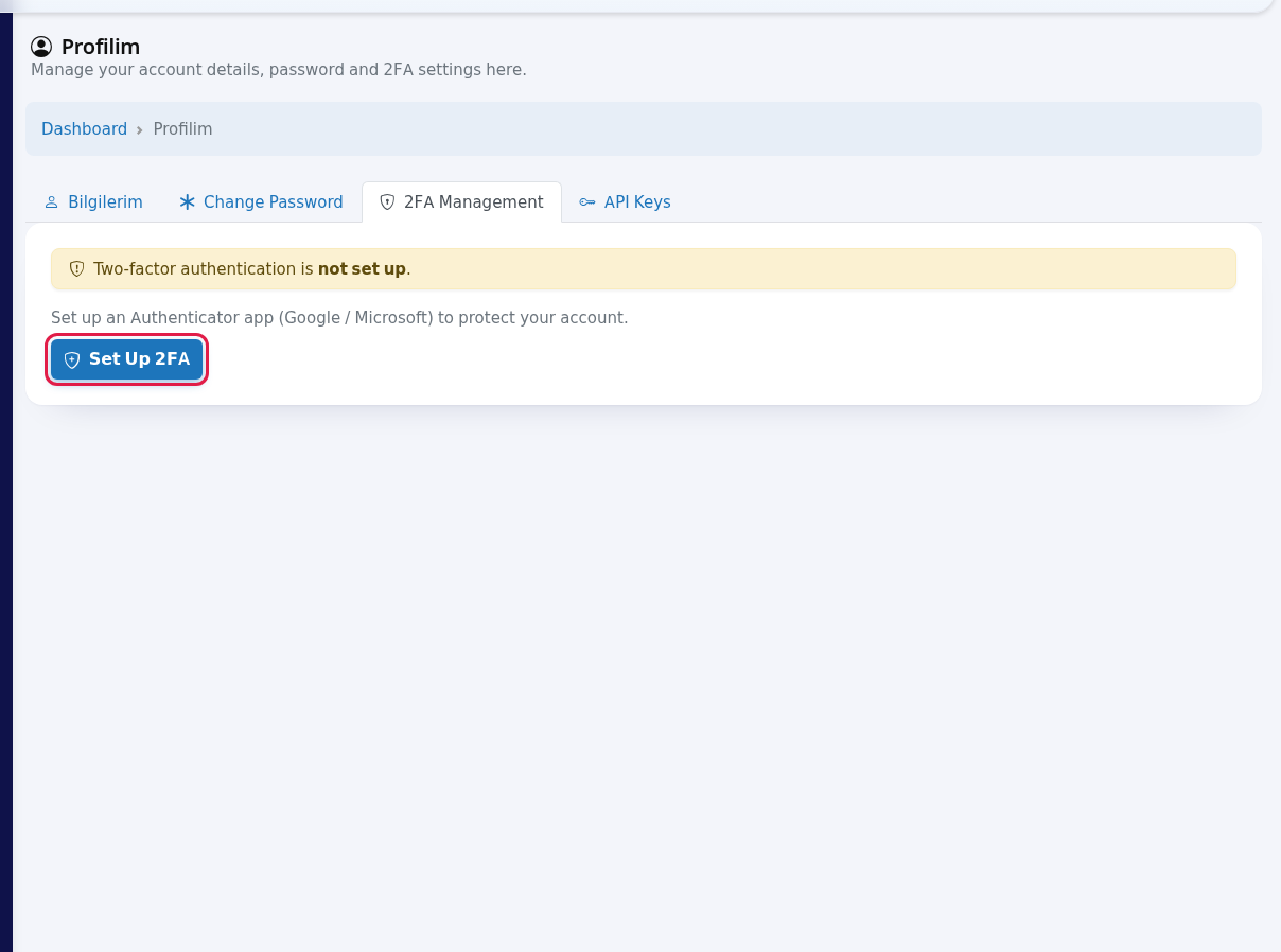 2FA not set up warning and Set Up 2FA button