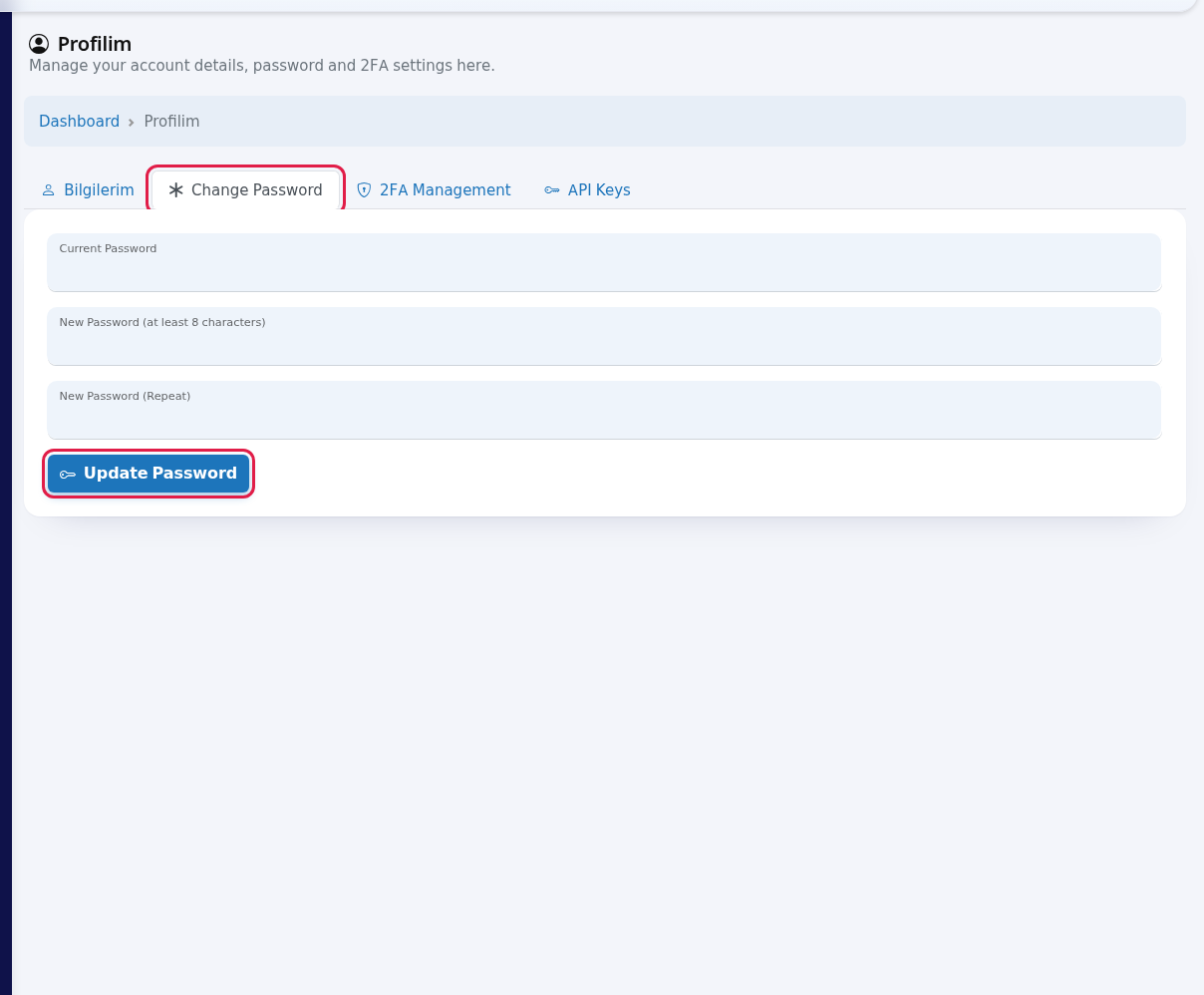 Change Password tab, Update Password button highlighted