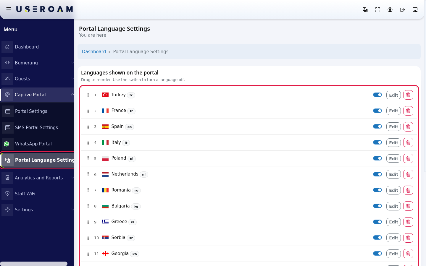Portal Language Settings list