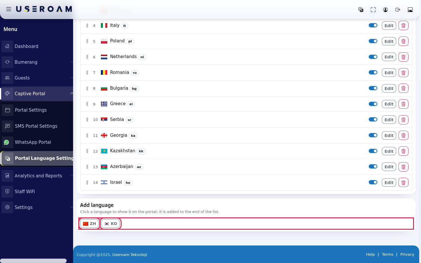 Add language card with buttons for languages that are off