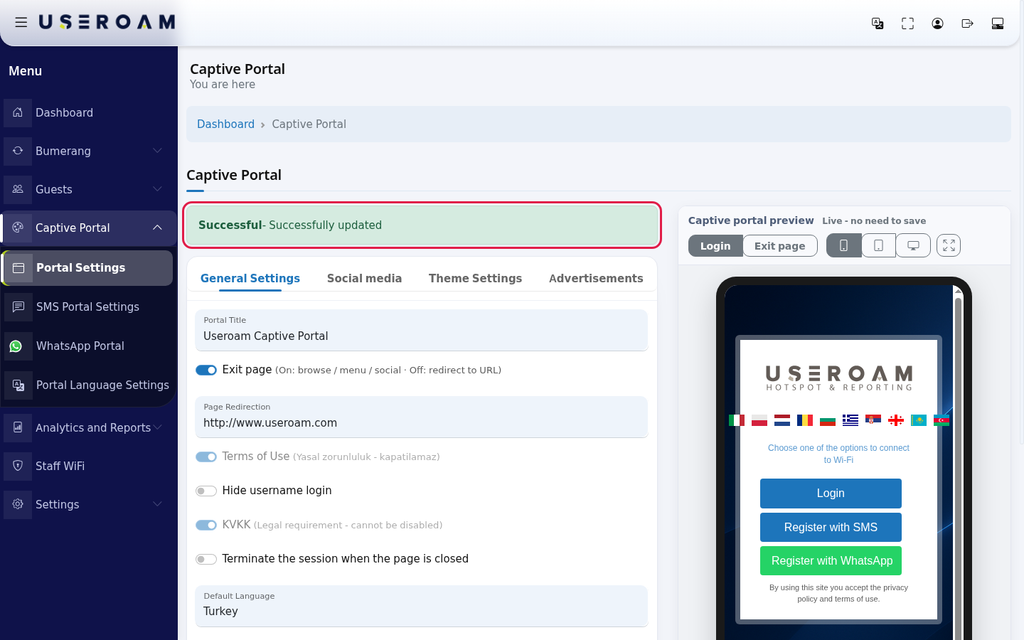 Green Successful- Successfully updated message above the Portal Settings card