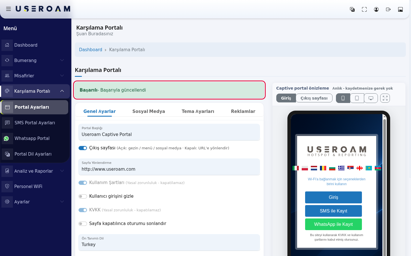 Portal Ayarları kartının üstünde yeşil Başarılı- Başarıyla güncellendi mesajı