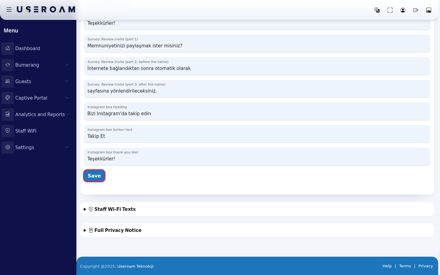 Save button of the portal texts and the two sections below