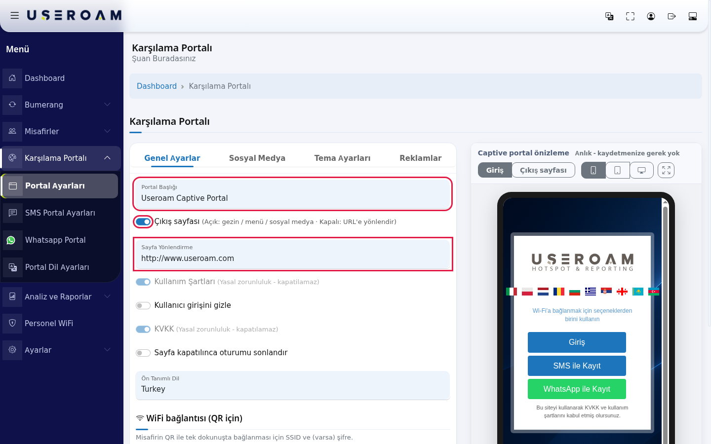 Portal Başlığı, Çıkış sayfası ve Sayfa Yönlendirme
