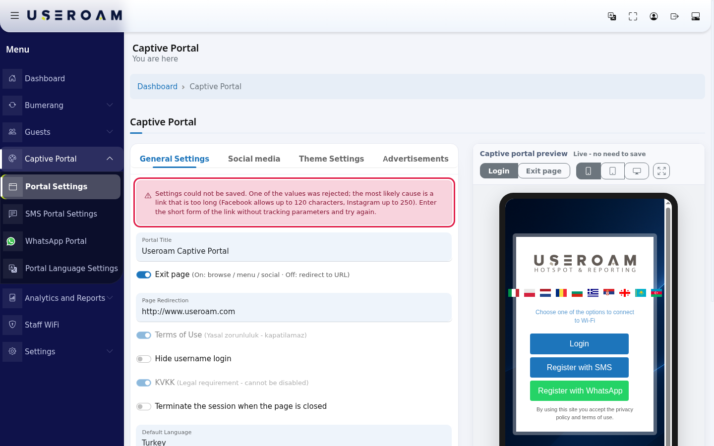 Settings could not be saved warning