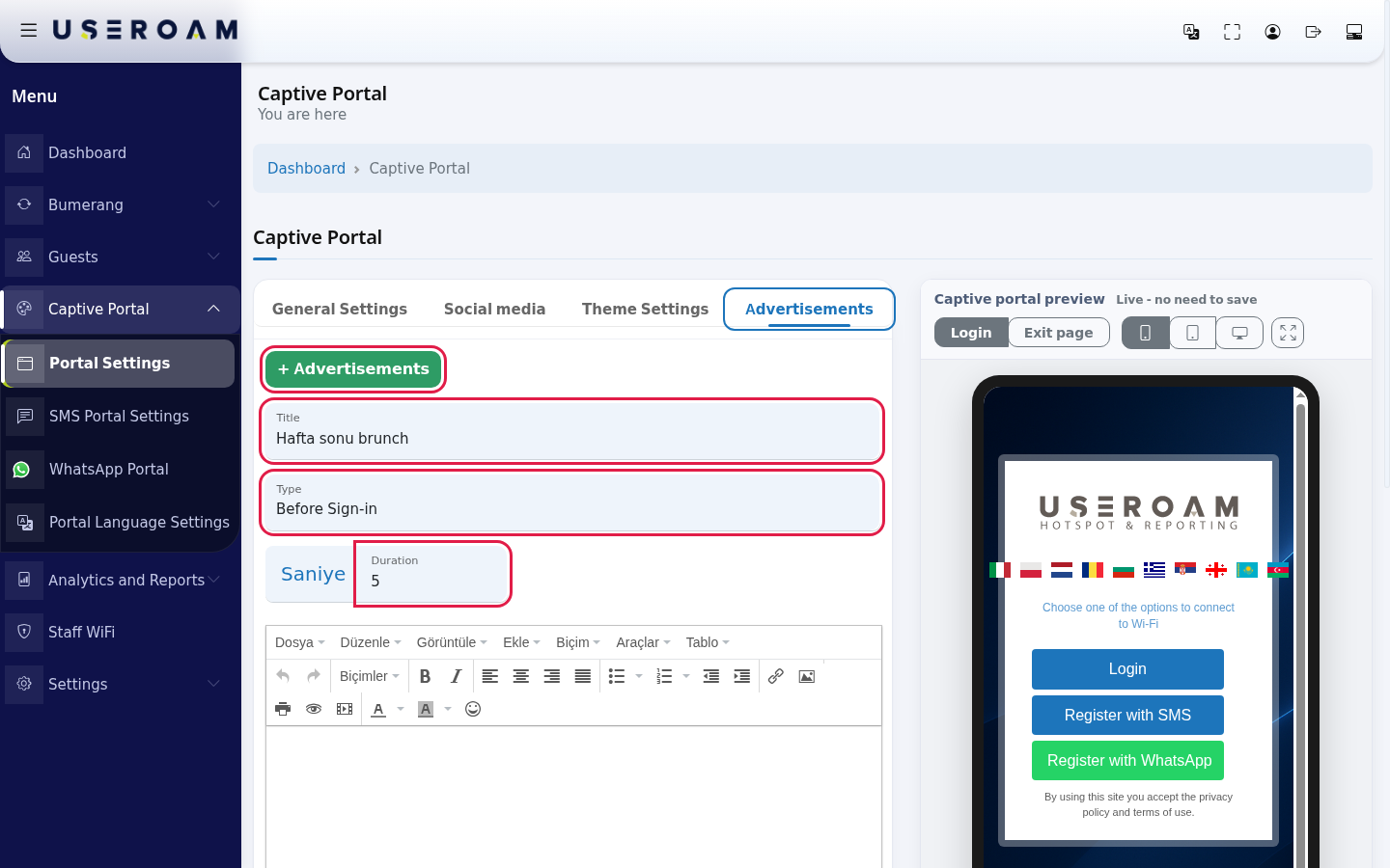 New advertisement form on the Advertisements tab