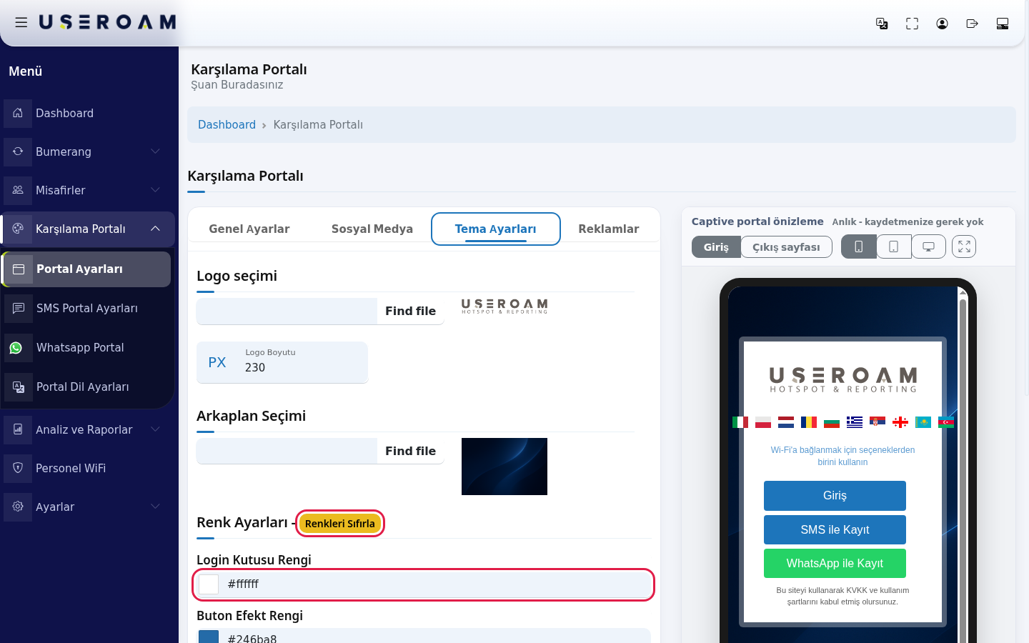 Renk Ayarları ve Renkleri Sıfırla düğmesi
