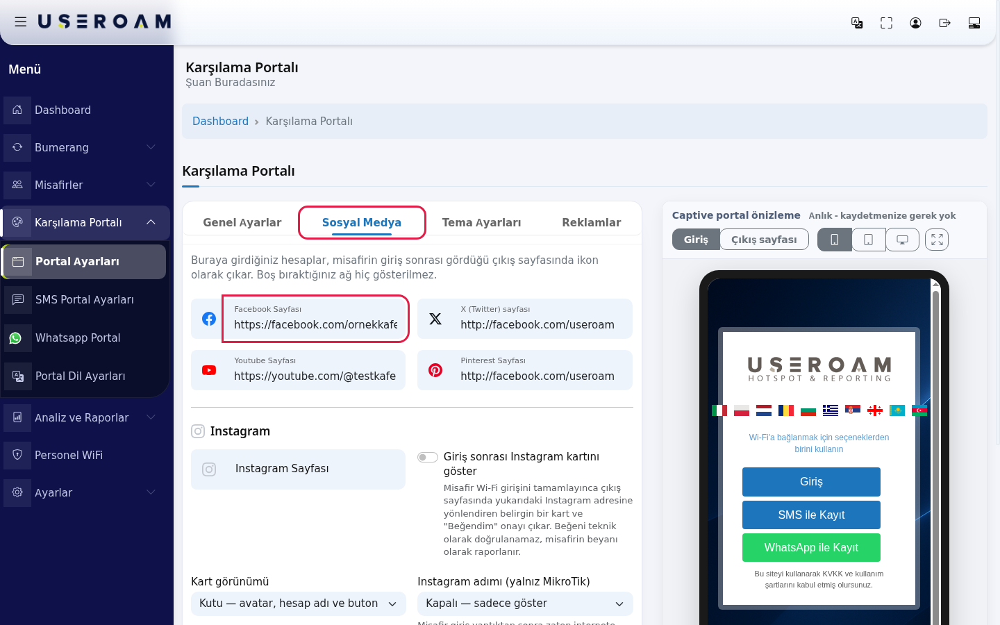 Sosyal Medya sekmesi ve Facebook Sayfası kutusu