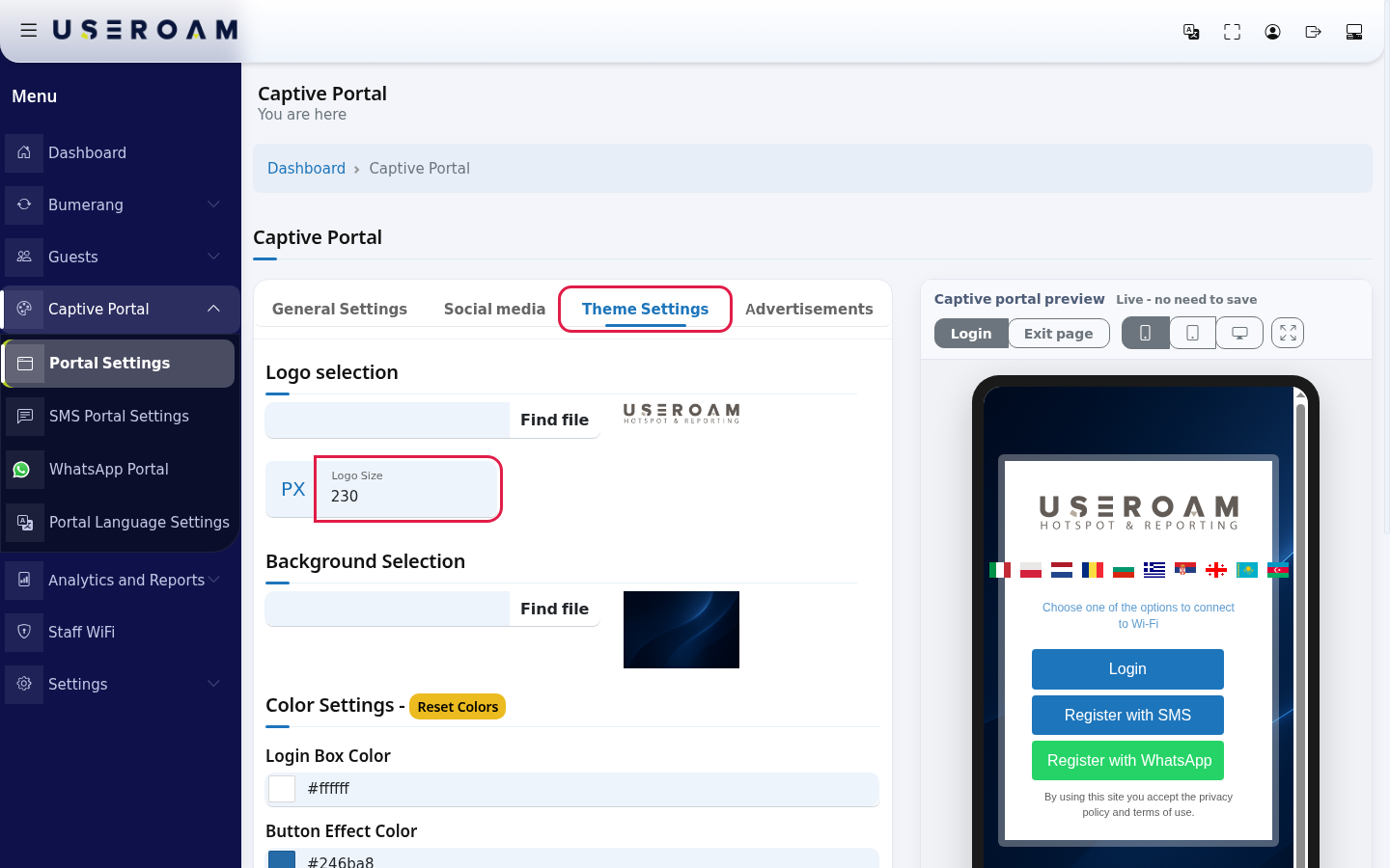 Theme Settings tab
