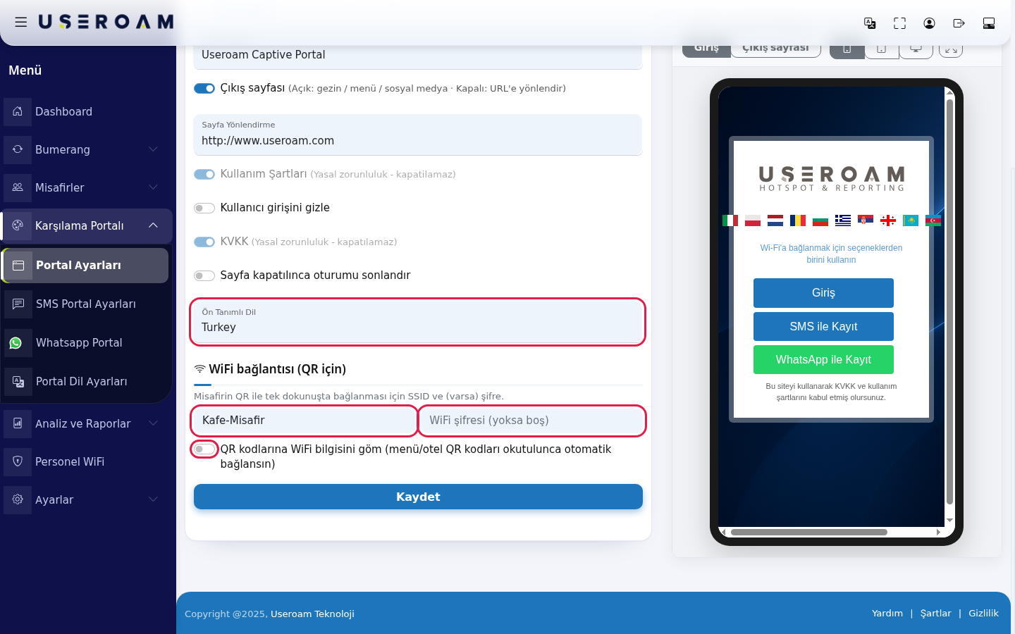 Ön Tanımlı Dil listesi ve WiFi bağlantısı (QR için) alanları