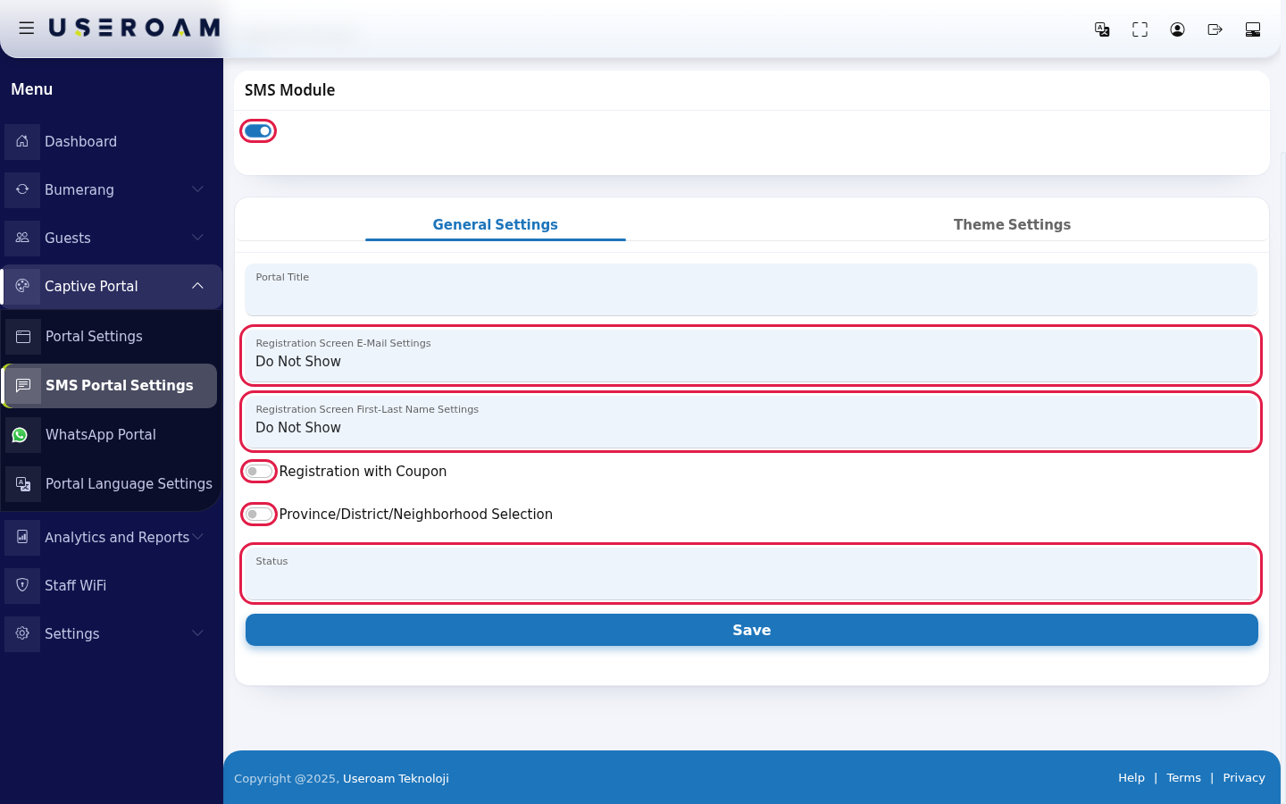 General Settings fields with the SMS module on