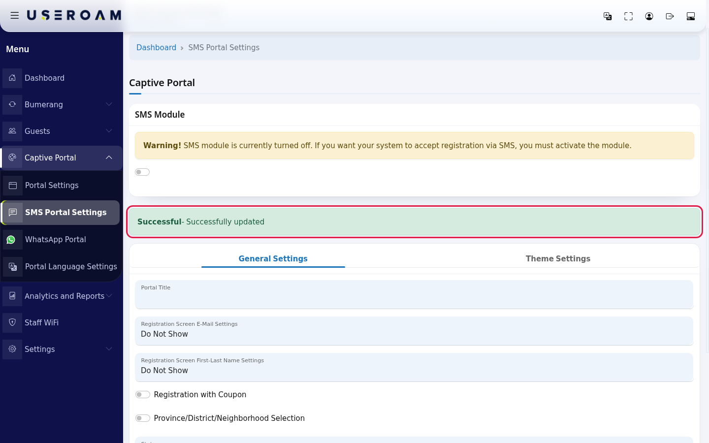 Green Successful- Successfully updated message above the SMS Portal Settings card