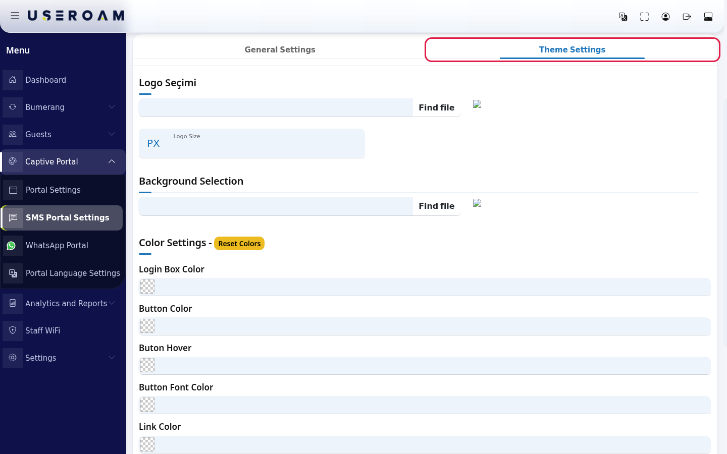 Theme Settings tab of SMS Portal Settings