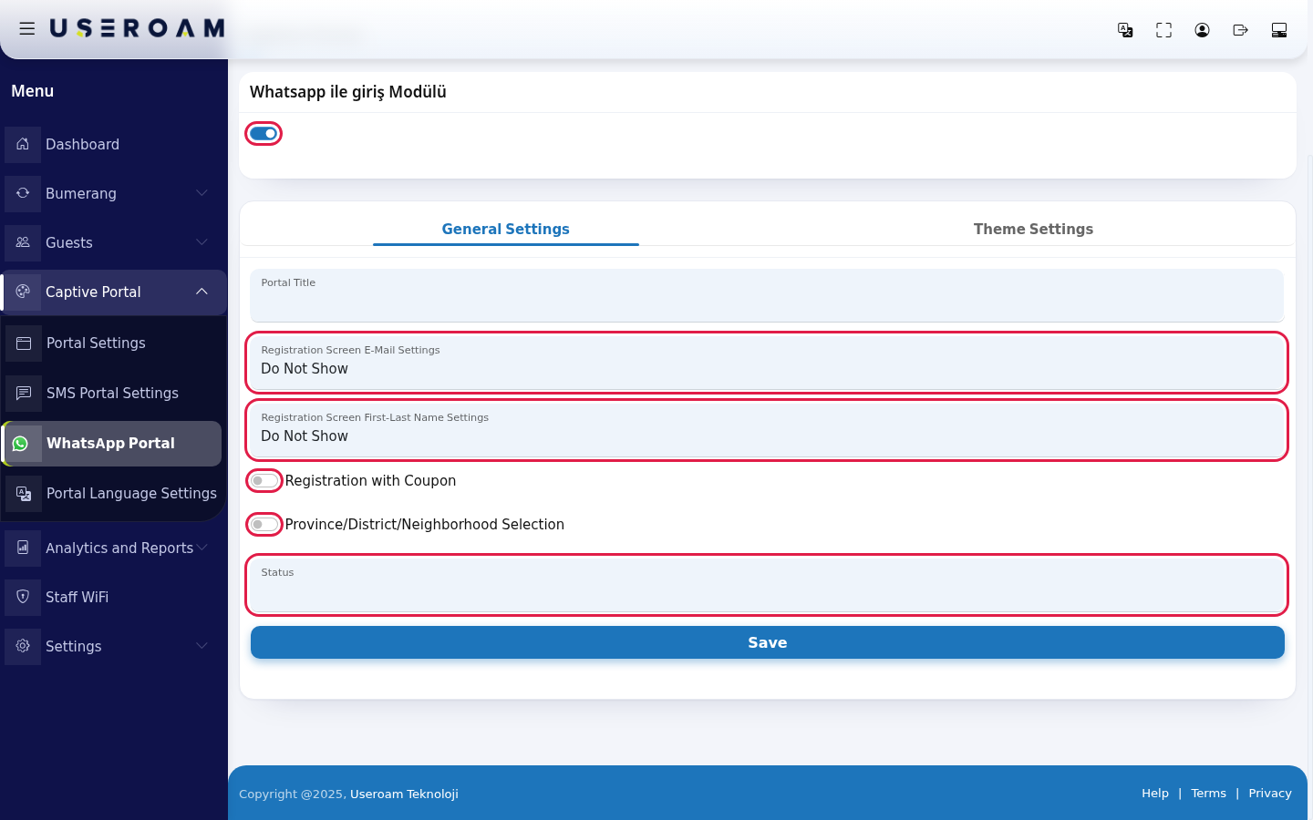 General Settings fields with the WhatsApp module on