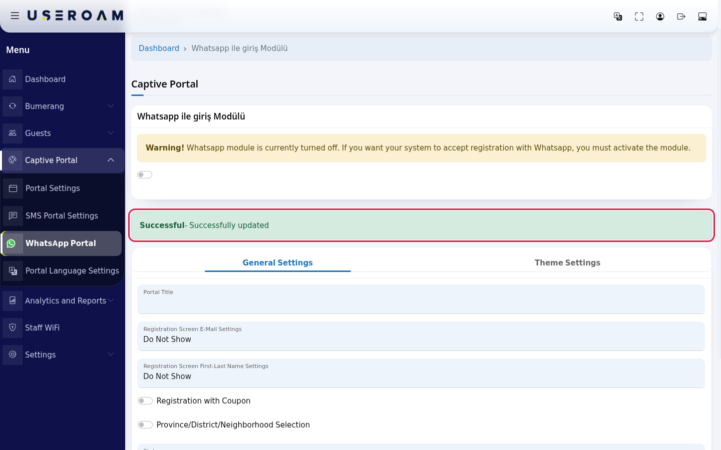 Green Successful- Successfully updated message above the WhatsApp Portal settings card