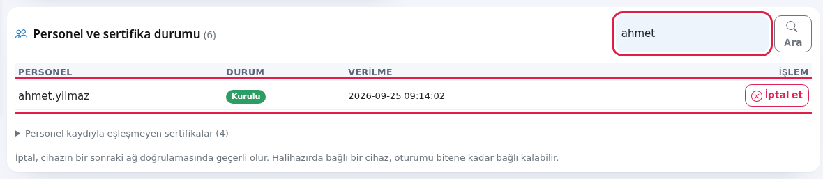 Personel adı arama kutusu ve sonuç