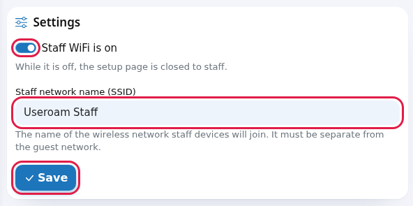 Settings card: switch, network name and Save