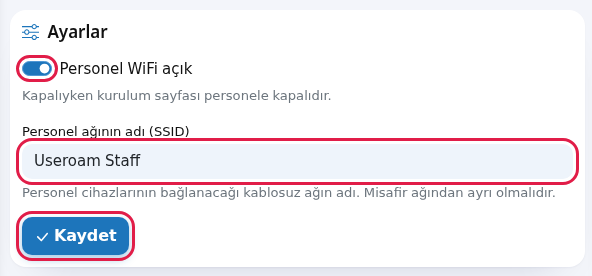 Ayarlar kartı: anahtar, ağ adı ve Kaydet