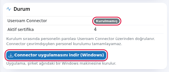 Durum kartı ve Connector indirme düğmesi