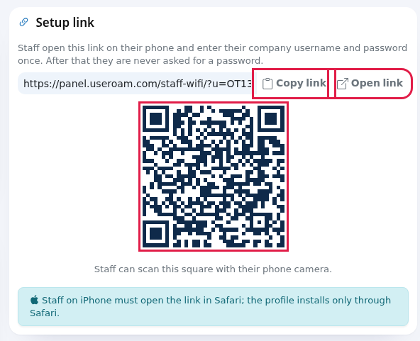 Setup link card, copy and QR