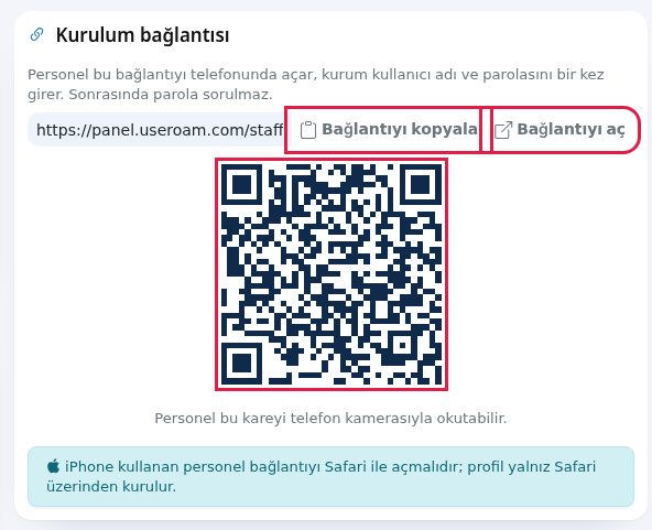 Kurulum bağlantısı kartı: Bağlantıyı kopyala, Bağlantıyı aç ve QR kod